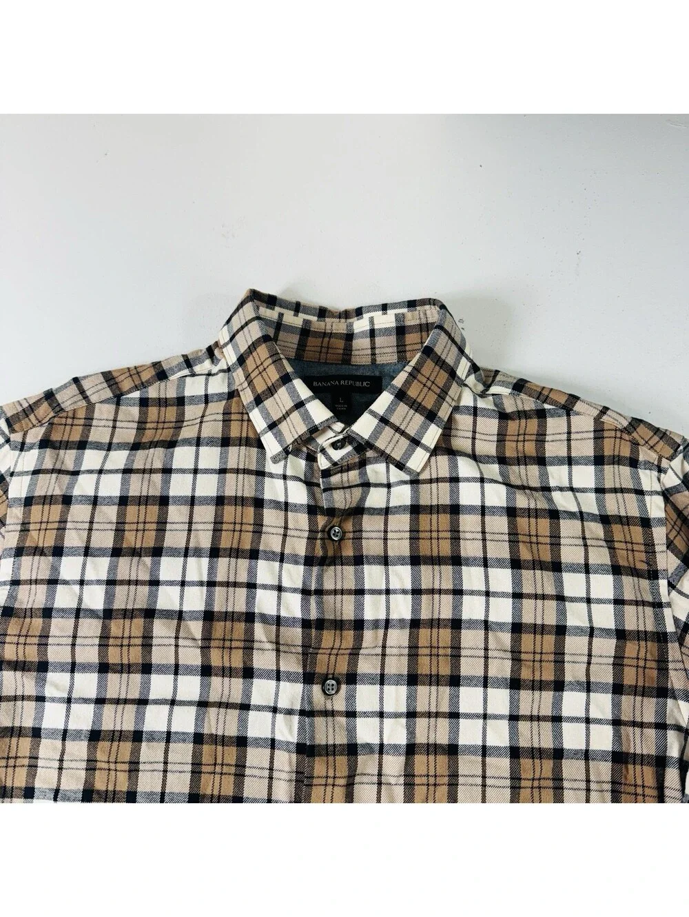 Banana Republic Button Down Shirt Long Sleeve Beige Plaid Mens Size Large